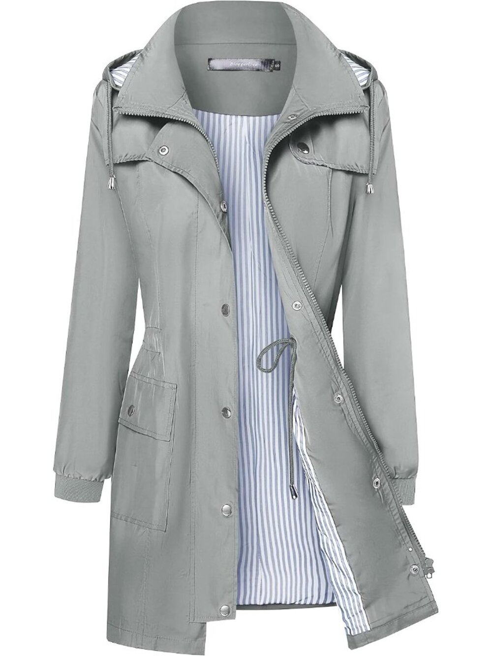 Women's Grey Hooded Waterproof Striped Climbing Windbreaker Trench Rain Coat